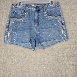 Idyllwind Women Denim Rhinestone & Studded High-Rise Fringe Shorts Blue Size 10W